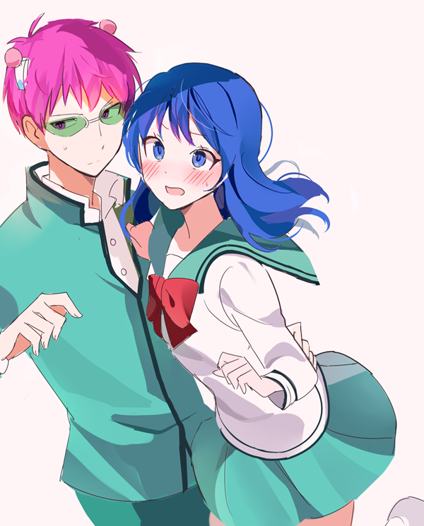 1boy 1girl :o aqua_skirt blue_eyes blue_hair blush bow glasses hair_ornament hetero joman long_hair pink_background pink_hair red_bow saiki_kusuo saiki_kusuo_no_psi_nan school_uniform serafuku short_hair simple_background skirt smile standing sunglasses sweatdrop teruhashi_kokomi