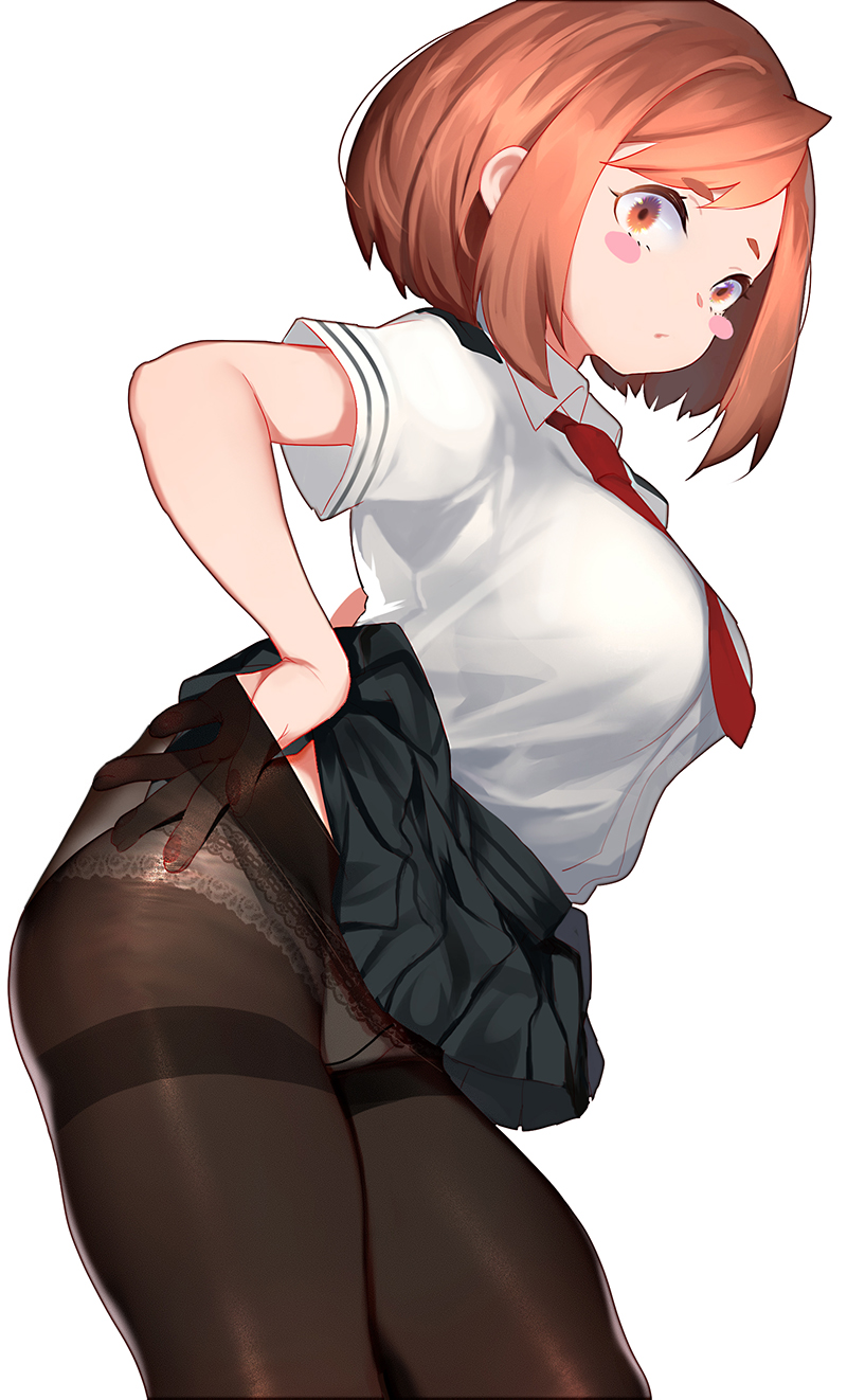 1girl black_legwear black_skirt blush blush_stickers boku_no_hero_academia breasts brown_eyes brown_hair crotch_seam highres large_breasts looking_at_viewer necktie panties panties_under_pantyhose pantyhose red_neckwear revision school_uniform shirt short_hair short_sleeves simple_background skirt skirt_lift solo standing thighband_pantyhose underwear uraraka_ochako white_background white_panties white_shirt xiaoshou_xiansheng