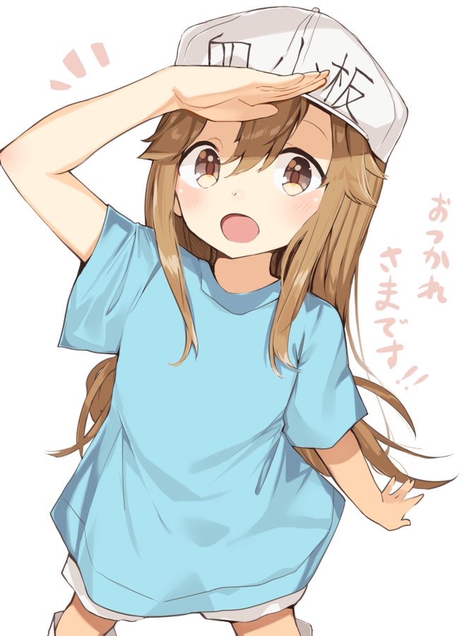 1girl :d arm_up bangs blue_shirt blush brown_eyes character_name clothes_writing commentary_request flat_cap grey_hat hair_between_eyes hat hataraku_saibou kura_ekaki light_brown_hair long_hair looking_at_viewer open_mouth platelet_(hataraku_saibou) salute shirt short_shorts short_sleeves shorts simple_background smile solo standing translated very_long_hair white_background