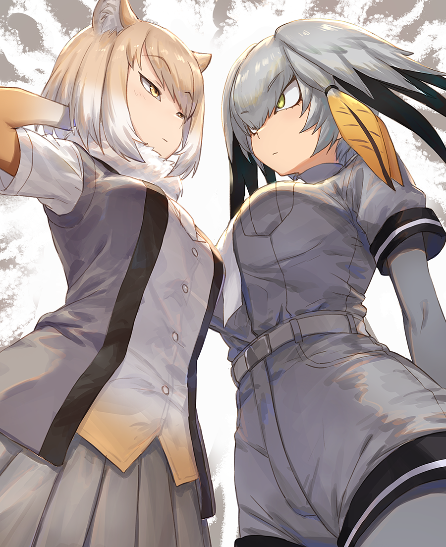 2girls animal_costume bangs belt breast_pocket commentary_request expressionless eyebrows_visible_through_hair from_below green_eyes grey_hair guchico head_wings high-waist_shorts kemono_friends light_brown_hair multiple_girls necktie pantyhose pleated_skirt pocket shirt_tucked_in shoebill_(kemono_friends) short_sleeves shorts skirt staring staring_contest tibetan_sand_fox_(kemono_friends) yellow_eyes