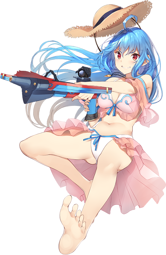 1girl ahoge aiming barefoot bikini blue_hair bow_(weapon) breasts cleavage crossbow full_body gluteal_fold hat holding holding_weapon koga_(oshiro_project) long_hair medium_breasts midriff navel no_shoes official_art oshiro_project oshiro_project_re red_eyes solo straw_hat swimsuit transparent_background weapon white_bikini yappen