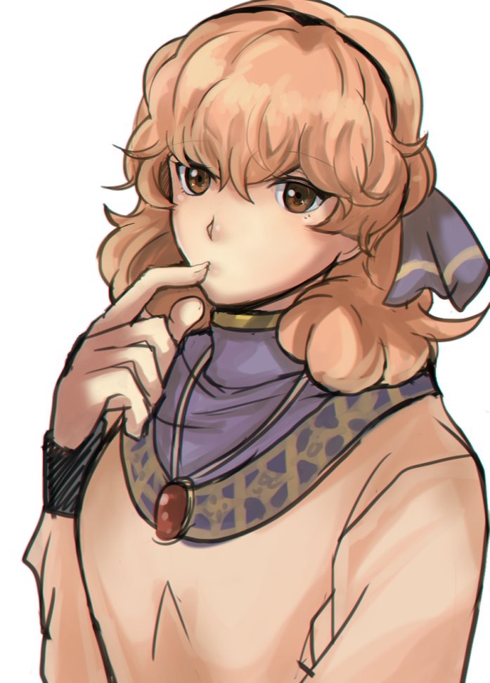 1girl brown_eyes brown_hair curly_hair finger_in_mouth fire_emblem fire_emblem_echoes:_mou_hitori_no_eiyuuou jenny_(fire_emblem) jewelry looking_at_viewer necklace rem_sora410 simple_background solo