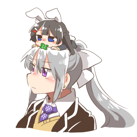 2girls animal_ears black_hair blazer blue_eyes blush_stickers braid chibi clover french_braid hair_ornament hairclip higuchi_kaede jacket long_hair lowres multiple_girls necktie nijisanji ponytail rabbit_ears rebecca_(keinelove) silver_hair tsukino_mito violet_eyes