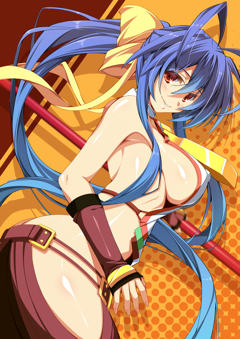 1girl antenna_hair backless_outfit bangs blazblue blazblue:_central_fiction blue_hair blush bow breasts butt_crack erect_nipples eyebrows_visible_through_hair genderswap genderswap_(mtf) hair_between_eyes hair_bow halterneck holding holding_spear holding_weapon large_breasts long_hair mai_natsume no_bra polearm ponytail red_eyes shiny shiny_skin sideboob smile solo spear very_long_hair weapon yellow_bow yuuki_makoto_(radiant)