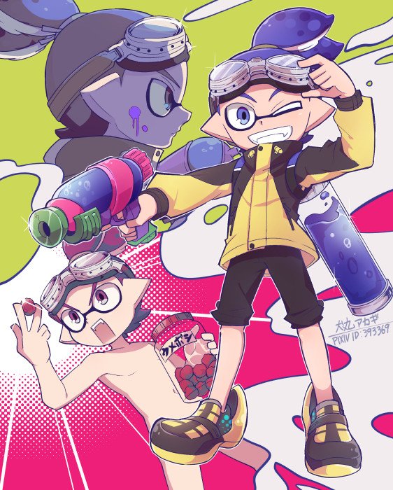 1boy artist_name black_shorts blue_eyes blue_hair commentary_request convenient_censoring domino_mask goggle-kun_(splatoon) goggles goggles_on_head grin hair_tie holding holding_weapon ink_tank_(splatoon) jacket long_sleeves looking_at_viewer male_focus mask nude paint_on_face paint_splatter pixiv_id pointy_ears profile sharp_teeth shoes short_hair shorts smile solo sparkle splatoon splatoon_(manga) splattershot_(splatoon) standing teeth tentacle_hair topknot weapon yellow_footwear yellow_jacket