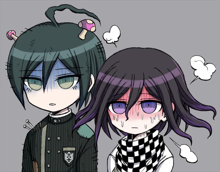 2boys 8takenokonosato8 ahoge checkered checkered_scarf dangan_ronpa gakuran green_eyes green_hair multiple_boys mushroom new_dangan_ronpa_v3 ouma_kokichi purple_hair saihara_shuuichi scarf school_uniform shaded_face simple_background striped sweat violet_eyes