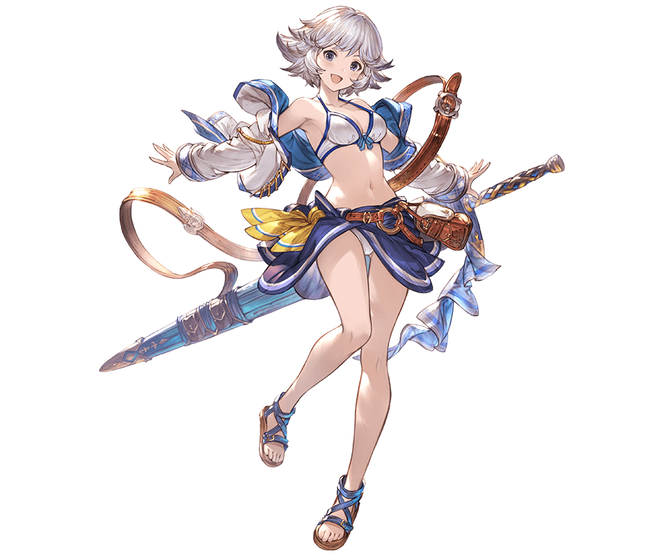 1girl armpits bangs bare_shoulders belt_pouch bikini bikini_skirt blue_eyes breasts cleavage collarbone detached_sleeves farrah_(granblue_fantasy) flipped_hair full_body granblue_fantasy jacket leg_up long_sleeves looking_at_viewer medium_breasts minaba_hideo navel off_shoulder official_art open_clothes open_jacket outstretched_arms pouch sandals short_hair silver_hair smile solo spread_arms standing swimsuit sword transparent_background weapon