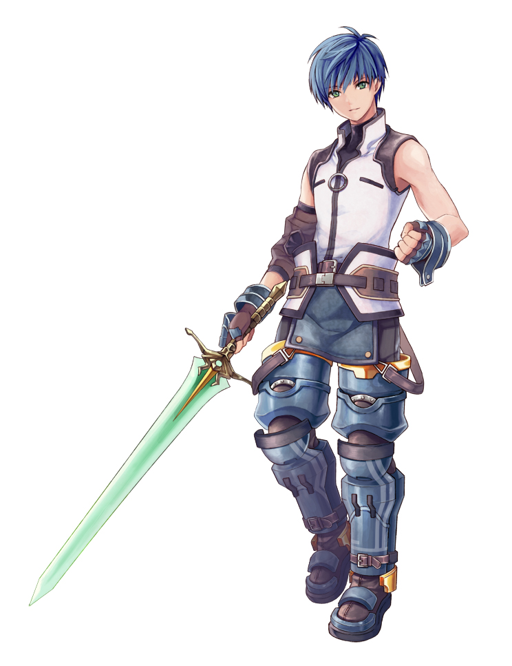 1boy ankle_belt belt blue_hair blue_legwear brown_gloves check_character clenched_hand elbow_pads fayt_leingod fingerless_gloves full_body gloves green_eyes holding holding_sword holding_weapon looking_at_viewer male_focus mzkk_1826 shirt sleeveless sleeveless_shirt solo standing star_ocean star_ocean_anamnesis sword weapon white_shirt