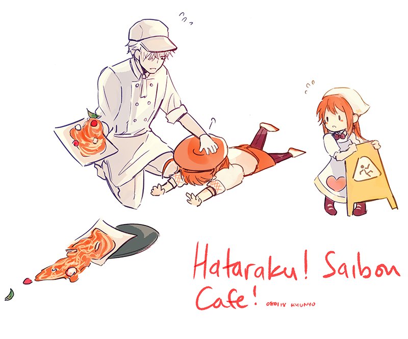 1boy 2girls ae-3803 alternate_costume employee_uniform flying_sweatdrops food hat hataraku_saibou lying multiple_girls on_stomach pasta platelet_(hataraku_saibou) red_blood_cell_(hataraku_saibou) red_hat spaghetti tripped u-1146 uniform wet_floor_sign white_blood_cell_(hataraku_saibou) white_hat