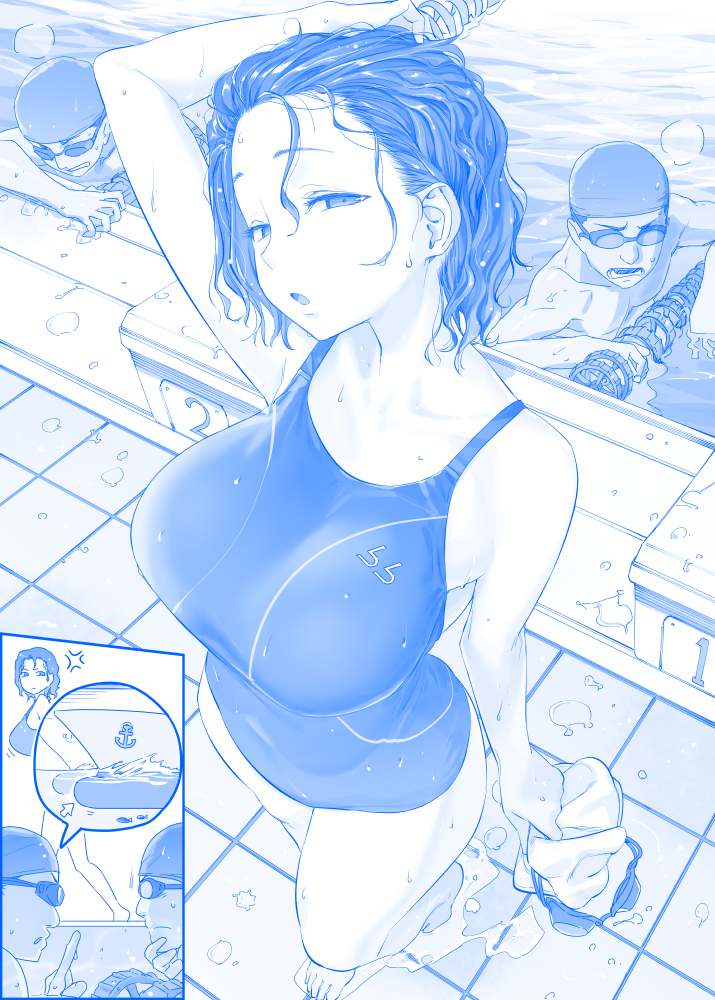 1girl 2boys anger_vein blue boat breasts check_commentary comic commentary commentary_request getsuyoubi_no_tawawa goggles half-closed_eyes heavy_breathing himura_kiseki large_breasts looking_at_viewer messy_hair monochrome multiple_boys open_mouth pool short_hair silent_comic swim_cap swim_cap_removed swimsuit visible_air watercraft wet