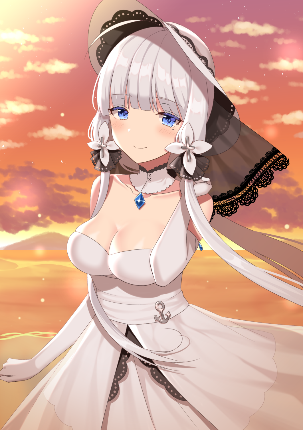 1girl ahoge anchor_symbol armlet azur_lane bangs bare_shoulders beach blue_eyes blush breasts choker cleavage closed_mouth clouds collarbone dress elbow_gloves eyebrows_visible_through_hair floating_hair gloves hair_ornament hair_ribbon hand_up hat highres illustrious_(azur_lane) izumo_neru jewelry lace-trimmed_hat large_breasts long_hair looking_at_viewer low_twintails mole mole_under_eye ocean orange_sky outdoors pendant ribbon sapphire_(stone) sidelocks sky smile solo strapless strapless_dress sun_hat sunset tress_ribbon twintails upper_body white_dress white_gloves white_hair white_hat