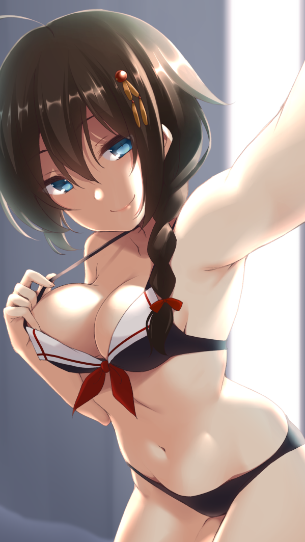 1girl bangs bare_arms bare_shoulders bikini black_bikini bow braid breasts brown_hair cleavage closed_mouth commentary_request eyebrows_visible_through_hair front-tie_top hair_between_eyes hair_bow hair_ornament head_tilt kantai_collection looking_at_viewer medium_breasts nagami_yuu navel outstretched_arm reaching_out red_bow self_shot shigure_(kantai_collection) side_braid single_braid smile solo swimsuit