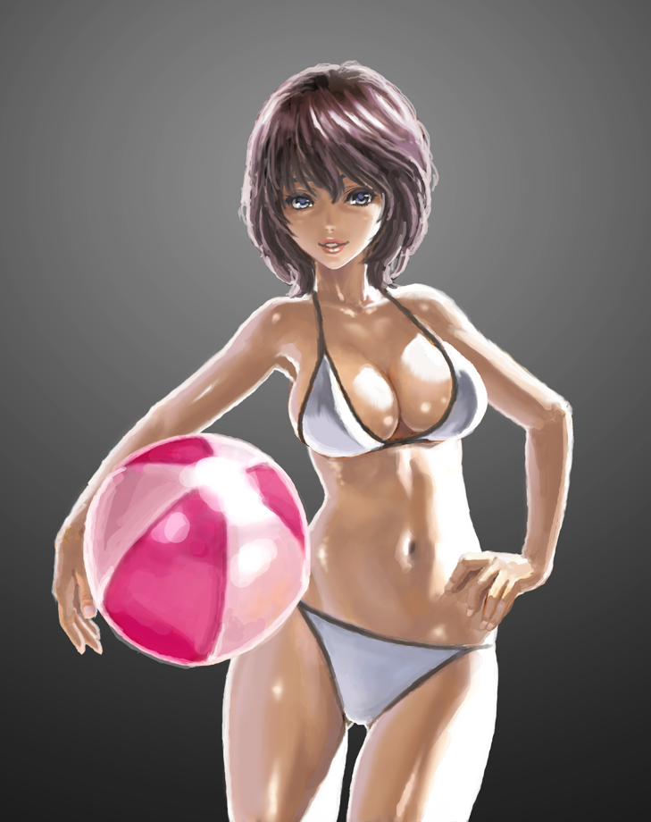 1girl ball bangs beachball black_background breasts brown_eyes brown_hair commentary_request cowboy_shot gluteal_fold hand_on_hip holding ikeda_(hayato) large_breasts light_smile lips looking_at_viewer medium_hair navel original parted_lips skindentation solo standing string_bikini thighs