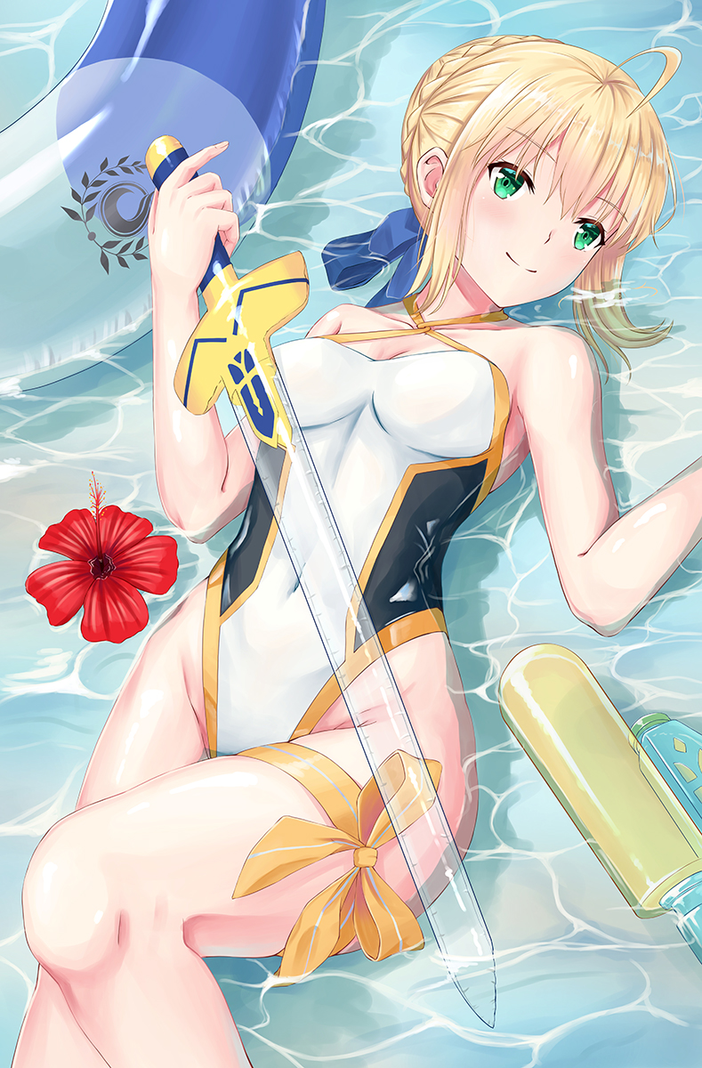 1girl ahoge artoria_pendragon_(all) blonde_hair breasts casual_one-piece_swimsuit excalibur fate/grand_order fate/stay_night fate_(series) feet_out_of_frame flower green_eyes hibiscus highres inflatable_toy innertube lying one-piece_swimsuit partially_submerged saber skyrail small_breasts solo swimsuit sword water water_gun weapon white_swimsuit