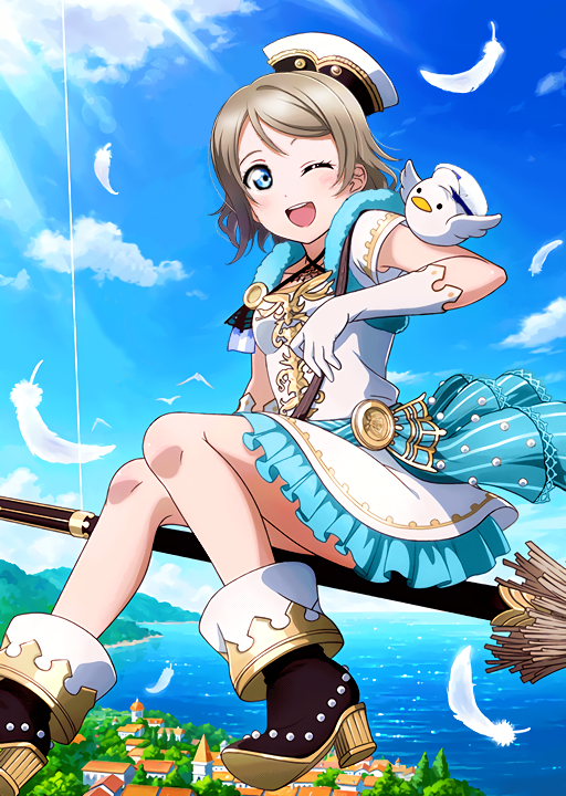 1girl ;d bird black_footwear blue_eyes blue_sky broom broom_riding brown_hair clouds day dress gloves ink_(pixiv25450915) love_live! love_live!_sunshine!! ocean one_eye_closed open_mouth outdoors short_dress short_hair short_sleeves sky smile solo sunlight watanabe_you white_feathers white_gloves