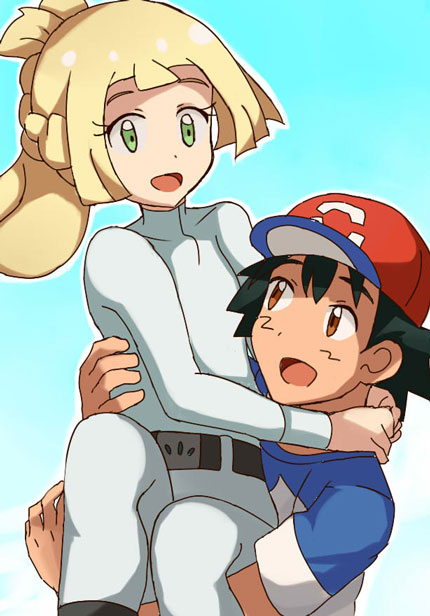 1boy 1girl baseball_cap belt belt_buckle black_hair blonde_hair brown_eyes buckle green_eyes hat holding kuriyama lillie_(pokemon) pants pokemon pokemon_(anime) pokemon_(game) pokemon_sm pokemon_sm_(anime) satoshi_(pokemon) shirt striped striped_shirt