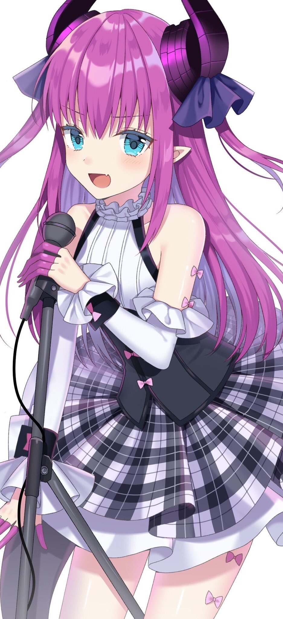 1girl bare_shoulders blue_eyes blush collarbone elizabeth_bathory_(fate) elizabeth_bathory_(fate)_(all) eyebrows_visible_through_hair fate/grand_order fate_(series) highres holding holding_microphone horns izumo_neru long_hair looking_at_viewer microphone microphone_stand open_mouth pink_hair pointy_ears smile solo tail