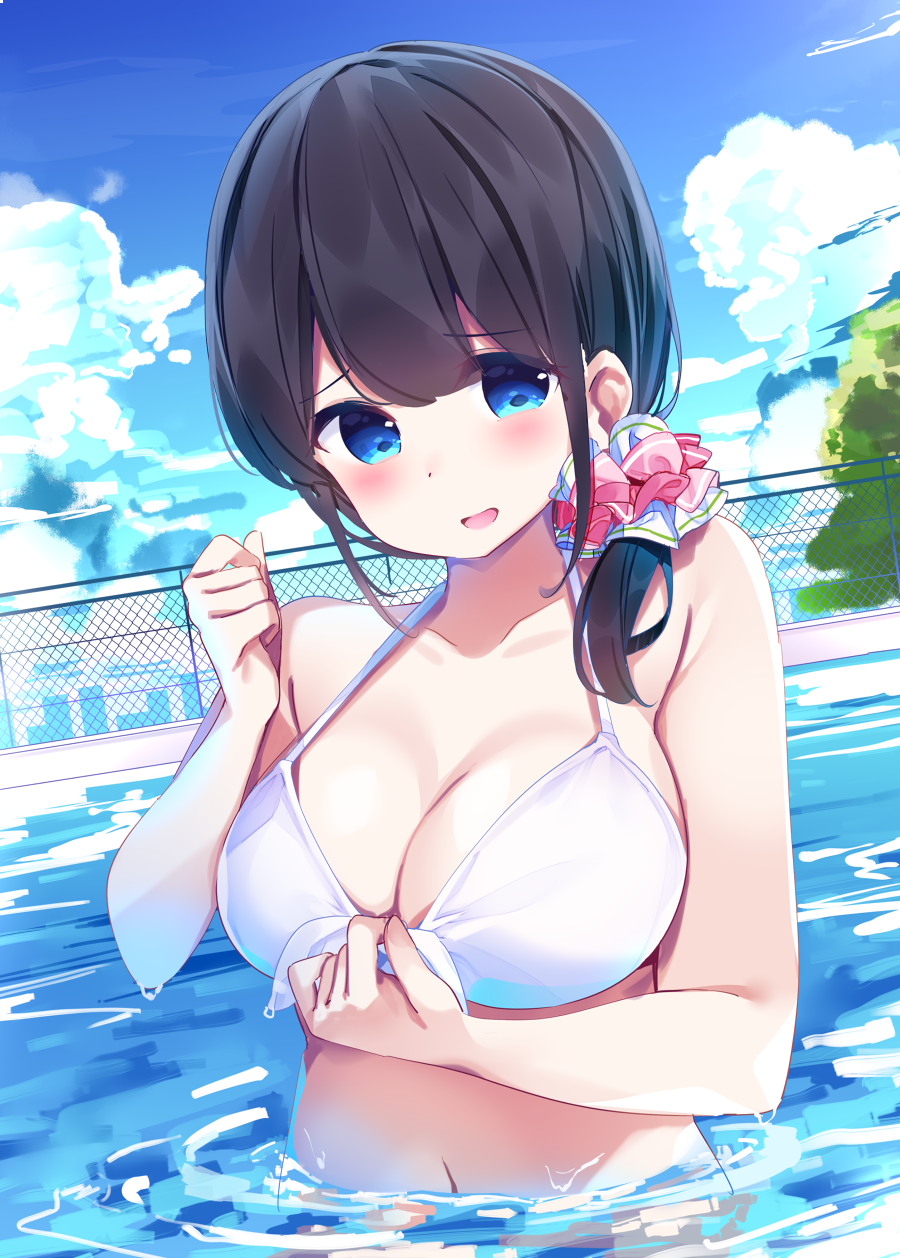 1girl :d bare_arms bare_shoulders bikini black_hair blue_eyes blue_sky blush breasts chain-link_fence chikuwa. cleavage clouds collarbone commentary_request day dutch_angle fence front-tie_bikini front-tie_top hair_ornament hair_scrunchie hand_up highres long_hair looking_at_viewer medium_breasts navel open_mouth original outdoors partially_submerged pink_scrunchie pool scrunchie sky smile solo swimsuit water white_bikini white_scrunchie