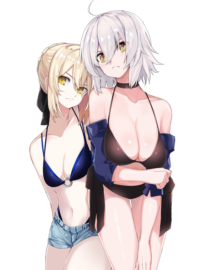 2girls ahoge artoria_pendragon_(all) artoria_pendragon_(swimsuit_rider_alter) bikini black_bikini blonde_hair bow braid breasts choker cleavage commentary_request fate/grand_order fate_(series) french_braid frown hair_between_eyes hair_bow hand_on_own_elbow hand_on_own_thigh jeanne_d'arc_(alter)_(fate) jeanne_d'arc_(fate)_(all) kanameya large_breasts leaning_forward multiple_girls navel o-ring o-ring_bikini saber_alter short_hair short_shorts shorts small_breasts swimsuit white_background white_hair yellow_eyes
