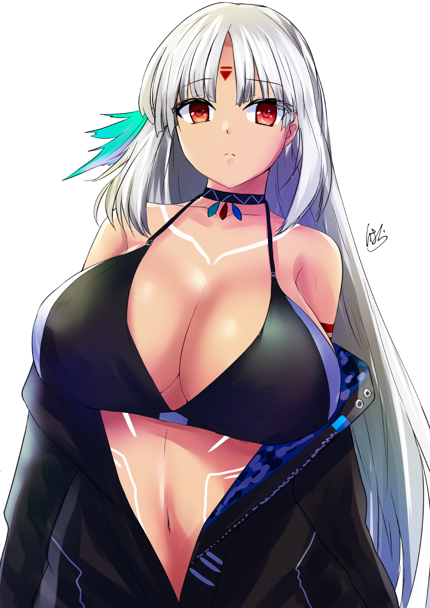1girl azur_lane bangs bare_shoulders bikini_top black_bikini_top black_jacket breasts brown_eyes choker dark_skin expressionless eyebrows_visible_through_hair facial_mark feathers forehead_mark hair_feathers highres huge_breasts ibara_azuki jacket long_hair long_sleeves looking_at_viewer massachusetts_(azur_lane) native_american navel off_shoulder open_clothes open_jacket parted_bangs silver_hair solo swimsuit swimsuit_under_clothes tattoo very_long_hair
