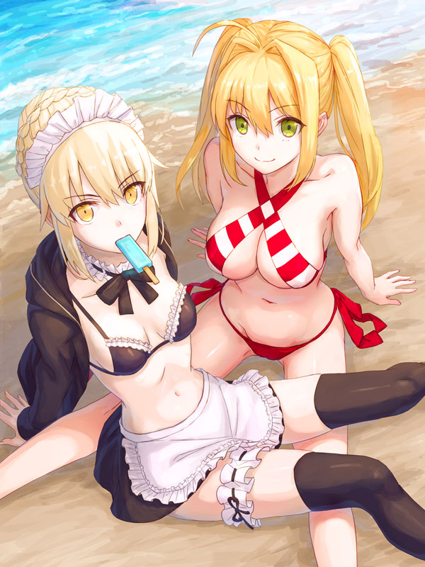 2girls ahoge apron arm_support artoria_pendragon_(all) artoria_pendragon_(swimsuit_rider_alter) bangs bare_arms bare_shoulders beach bikini bikini_top black_bikini_top black_jacket black_legwear black_skirt blonde_hair blush braid breasts cleavage closed_mouth collarbone commentary_request criss-cross_halter day eyebrows_visible_through_hair fate/grand_order fate_(series) fingernails food food_in_mouth frilled_bikini_top green_eyes groin hair_between_eyes hair_bun hair_intakes halterneck hood hooded_jacket jacket large_breasts leg_garter long_hair long_sleeves maid_headdress medium_breasts mouth_hold multiple_girls navel nero_claudius_(fate)_(all) nero_claudius_(swimsuit_caster)_(fate) open_clothes open_jacket outdoors popsicle red_bikini sand shouhei side-tie_bikini sitting skirt smile striped striped_bikini swimsuit thigh-highs twintails waist_apron water white_apron yellow_eyes