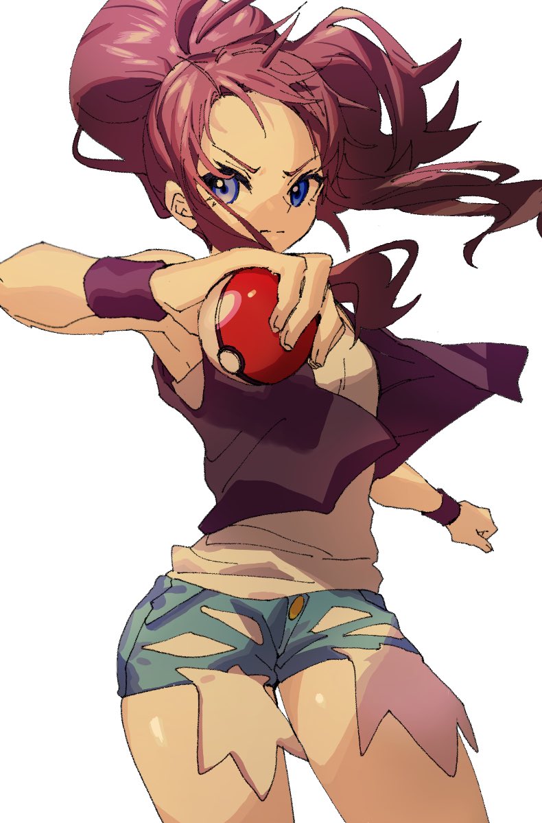 1girl ankea_(a-ramo-do) bangs black_wristband blue_eyes breasts brown_hair cowboy_shot cutoffs denim denim_shorts facing_viewer long_hair poke_ball pokemon pokemon_(game) pokemon_bw serious shirt shorts simple_background solo standing touko_(pokemon) white_background white_shirt