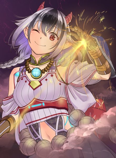 1girl black_hair breasts fireworks gloves hibana_(xenoblade_2) looking_at_viewer multicolored multicolored_clothes multicolored_hair ooshima_aki open_mouth short_hair simple_background solo white_background white_hair xenoblade_(series) xenoblade_2