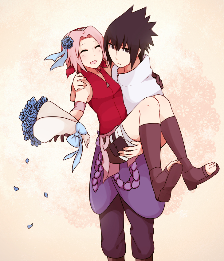 1boy 1girl bike_shorts bouquet breasts flower forehead_protector haruno_sakura konohagakure_symbol naruto naruto_(series) naruto_shippuuden ninja sera_(serappi) short_hair uchiha_sasuke