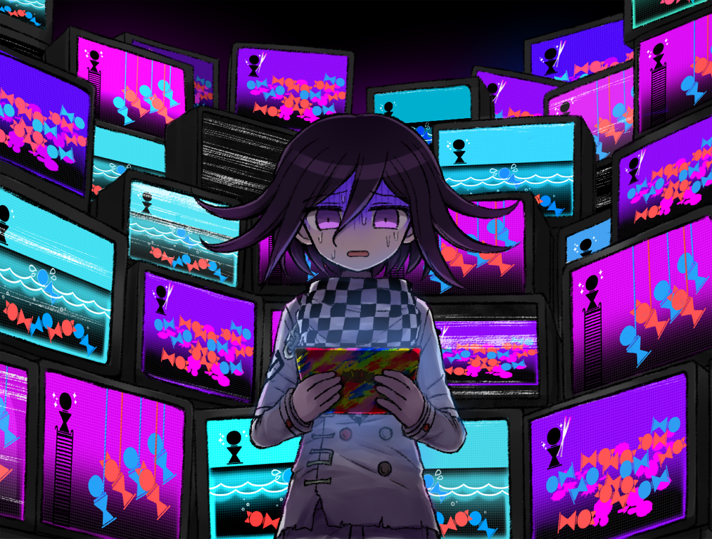 1boy 8takenokonosato8 checkered checkered_scarf dangan_ronpa new_dangan_ronpa_v3 ouma_kokichi purple_hair scarf shaded_face short_hair solo straitjacket sweat television violet_eyes