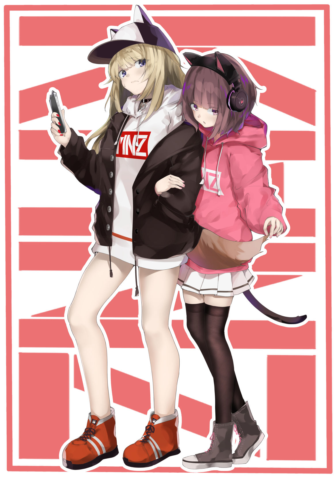 2girls animal_ear_headphones bare_legs black_footwear black_legwear blonde_hair blue_eyes brown_hair cat_tail cellphone dog_tail earphones hand_in_pocket hat hat_with_ears highres hood hood_down hoodie jacket kmnz_lita kmnz_liz kmnz_liz_(character) locked_arms long_hair mc_lita miniskirt multiple_girls no_pants open_clothes open_jacket phone pink_eyes pink_hoodie pirapirapirapira pleated_skirt red_footwear short_hair skirt smartphone sweatdrop tail thigh-highs virtual_youtuber white_hoodie zettai_ryouiki