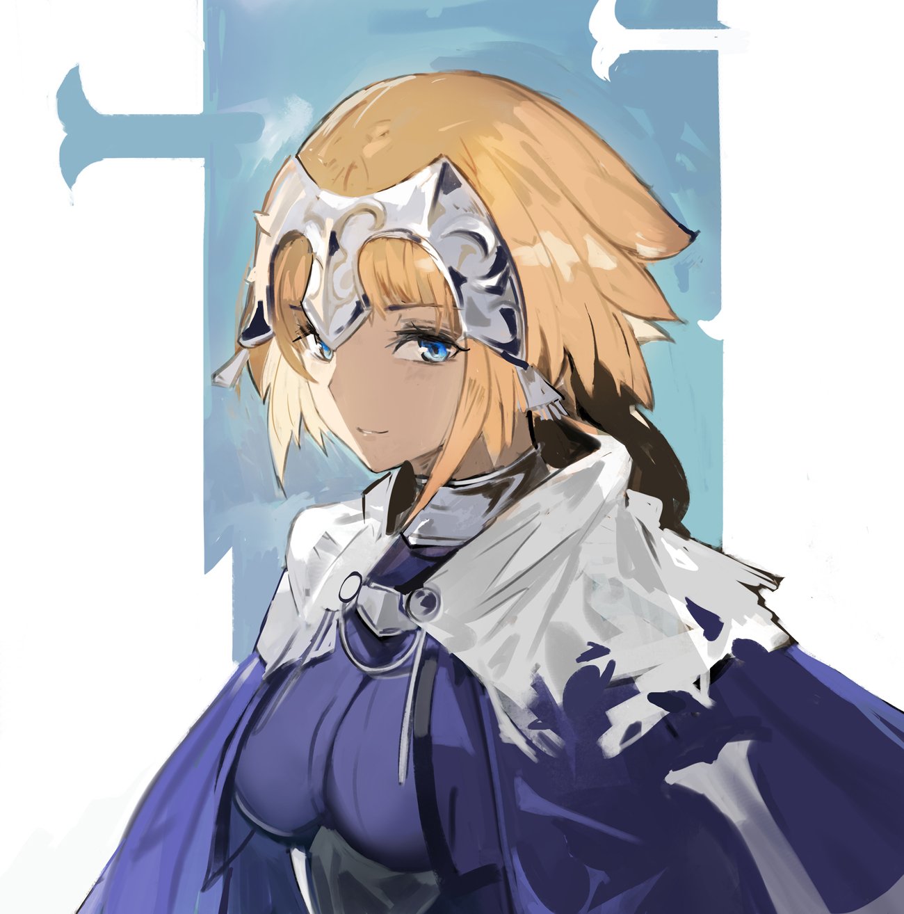 1girl andrian_gilang armor armored_dress bangs blonde_hair blue_cape blue_dress blue_eyes braid breasts cape capelet chains dress eyebrows_visible_through_hair fate/apocrypha fate/grand_order fate_(series) gauntlets headpiece highres jeanne_d'arc_(fate) jeanne_d'arc_(fate)_(all) large_breasts long_braid long_hair looking_at_viewer single_braid smile