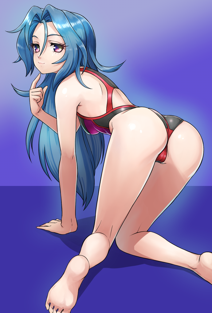 1girl all_fours ass bare_shoulders barefoot blue_hair commentary english_commentary finger_to_chin from_behind long_hair looking_at_viewer looking_back maritan_(pixelmaritan) multicolored multicolored_eyes one-piece_swimsuit simple_background smile soles solo star_breaker suguri swimsuit