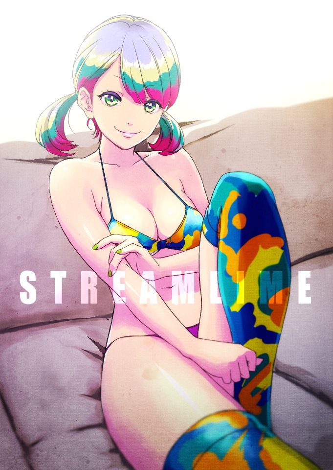 1girl bangs bikini breasts cleavage clenched_hand closed_mouth commentary_request couch english eyebrows_visible_through_hair green_eyes green_nails ikeda_(hayato) leaning_back leg_up looking_at_viewer medium_hair multicolored multicolored_bikini multicolored_clothes multicolored_hair multicolored_legwear nail_polish original short_twintails sitting smile solo string_bikini swept_bangs swimsuit thigh-highs twintails