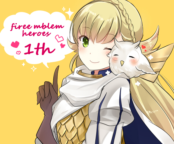 1girl armor blonde_hair braid brown_gloves closed_mouth crown_braid feh_(fire_emblem_heroes) fire_emblem fire_emblem_heroes gloves green_eyes long_hair on_shoulder one_eye_closed rojiura-cat sharena simple_background smile yellow_background