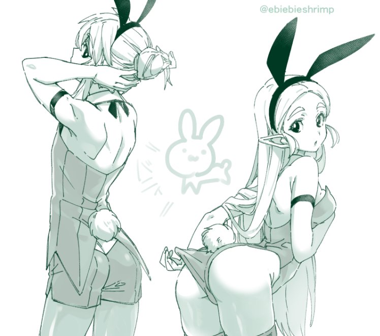 1boy 1girl adjusting_hair animal_ears ass backless_outfit bangs breasts bunny_tail bunnysuit cowboy_shot crossdressinging greyscale hair_bun hand_on_own_chest leotard leotard_pull link long_hair looking_at_viewer looking_back medium_breasts monochrome parted_bangs pointy_ears princess_zelda rabbit_ears short_hair shuri_(84k) simple_background straight_hair tail the_legend_of_zelda the_legend_of_zelda:_breath_of_the_wild thick_eyebrows twitter_username white_background