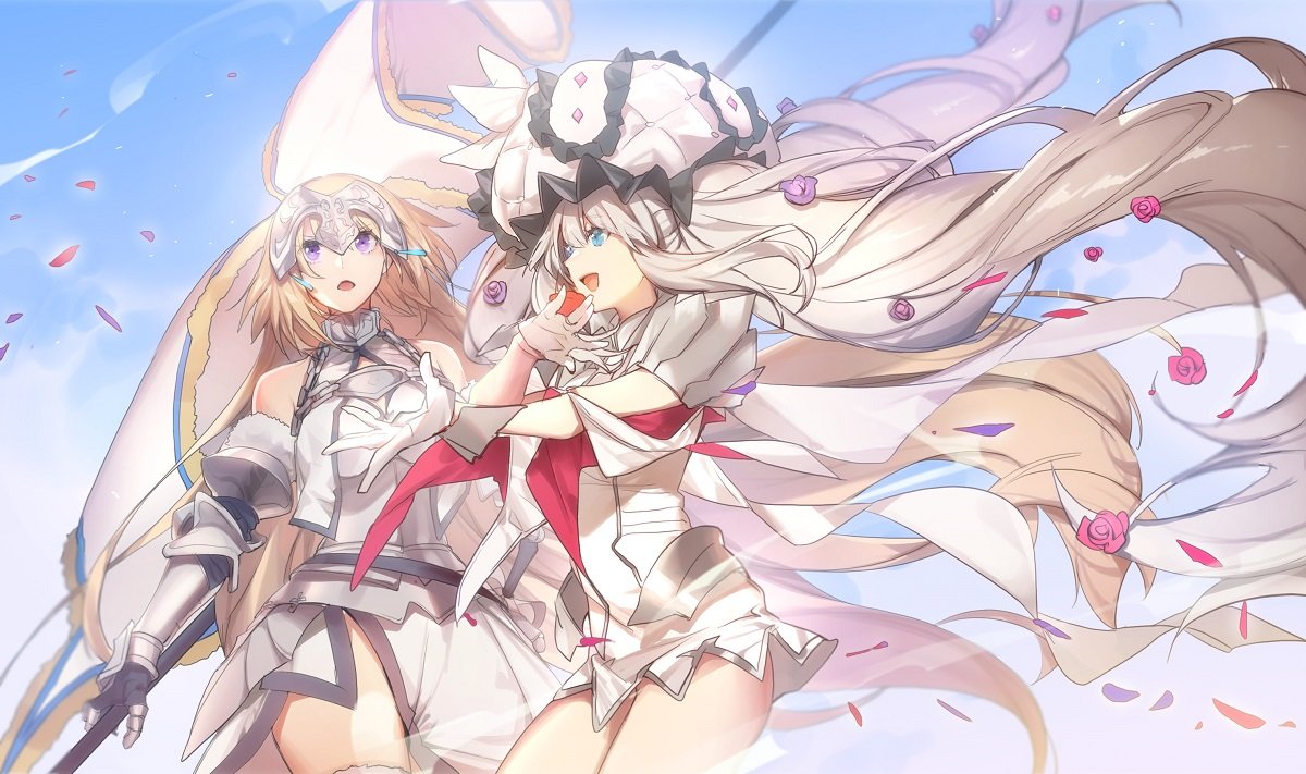 armor armored_dress bare_shoulders blonde_hair blue_eyes blue_sky chains dress eyebrows_visible_through_hair falling_petals fate/apocrypha fate/grand_order fate_(series) faulds flag flower fur_trim gauntlets gloves hair_flower hair_ornament hat headpiece holding holding_flag jeanne_d'arc_(fate) jeanne_d'arc_(fate)_(all) long_hair marie_antoinette_(fate/grand_order) no-kan open_mouth plackart silver_hair sky standard_bearer thigh-highs thighs very_long_hair violet_eyes white_dress white_gloves