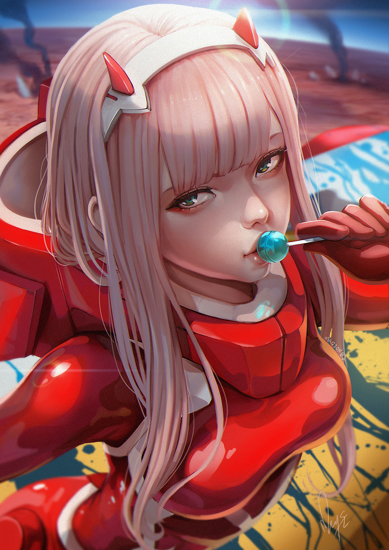 1girl aqua_eyes bangs blue_sky bodysuit breasts candy commentary crater darling_in_the_franxx english_commentary eyeshadow food food_in_mouth from_above green_eyes hair_between_eyes hairband holding_lollipop horns lens_flare lollipop long_hair looking_at_viewer magion02 makeup medium_breasts oni_horns pilot_suit pink_hair red_bodysuit red_horns shiny skin_tight sky smoke straight_hair white_hairband zero_two_(darling_in_the_franxx)