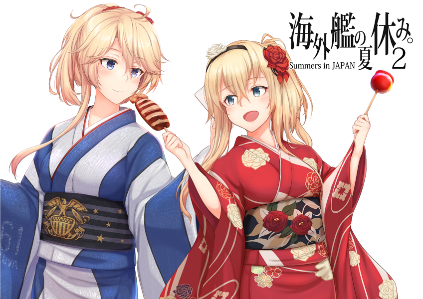 2girls alternate_hairstyle blonde_hair blue_eyes blush breasts candy_apple closed_mouth food iowa_(kantai_collection) japanese_clothes kantai_collection kimono large_breasts long_hair looking_at_viewer multiple_girls open_mouth osterei simple_background warspite_(kantai_collection) white_background