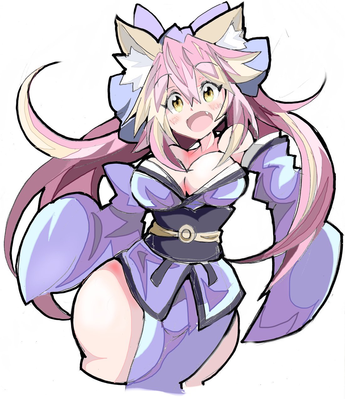 animal_ears breasts cleavage detached_sleeves enpe fate/extra fate_(series) fox_ears fox_girl fox_tail highres japanese_clothes large_breasts pink_hair tail tamamo_(fate)_(all) tamamo_no_mae_(fate) yellow_eyes