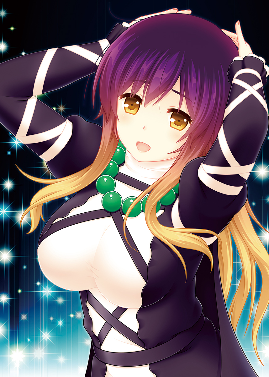 1girl :d beads blonde_hair brown_eyes commentary_request cpu_(hexivision) dress eyebrows_visible_through_hair gradient_hair hands_up highres hijiri_byakuren juliet_sleeves long_sleeves looking_at_viewer multicolored_hair open_mouth puffy_sleeves purple_hair smile solo sparkle touhou upper_body