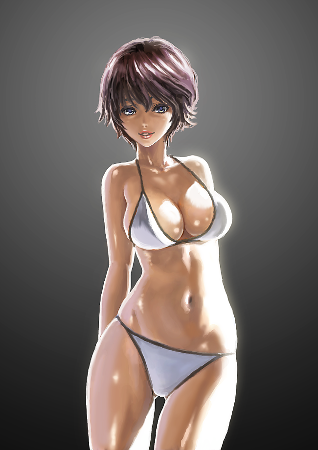 1girl arms_behind_back bangs black_background breasts brown_eyes brown_hair commentary_request cowboy_shot gluteal_fold ikeda_(hayato) large_breasts light_smile lips looking_at_viewer navel original parted_lips short_hair skindentation solo standing string_bikini thighs