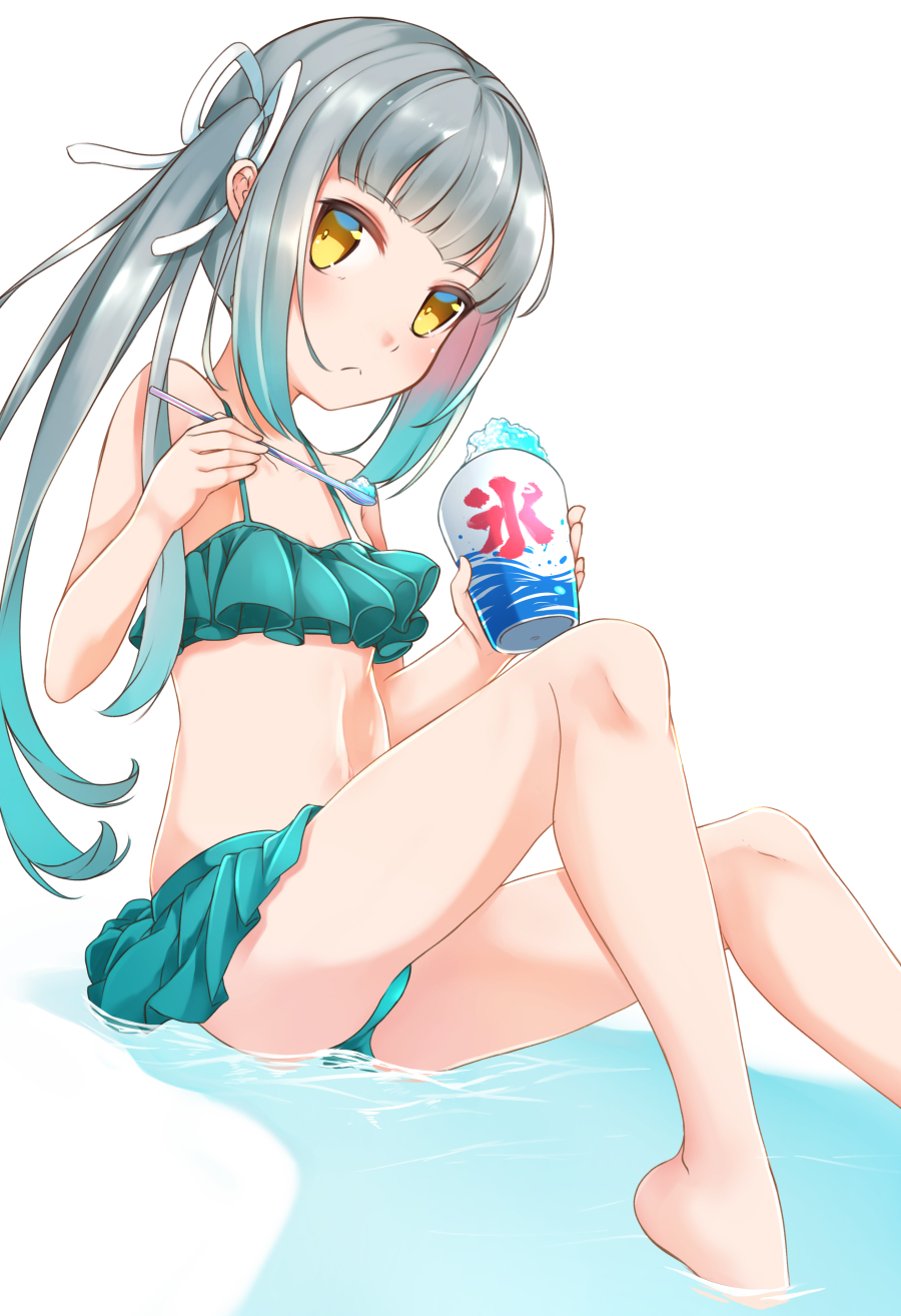 1girl aqua_bikini aqua_hair ass bangs bare_arms bare_shoulders barefoot bikini bikini_skirt blunt_bangs blush caustics collarbone comah eyebrows_visible_through_hair flat_chest frilled_bikini frills from_below from_side frown gradient_hair grey_hair hair_ribbon highres holding holding_spoon kantai_collection kasumi_(kantai_collection) long_hair looking_at_viewer looking_down looking_to_the_side multicolored_hair partially_submerged remodel_(kantai_collection) ribbon shaved_ice side_ponytail sidelocks sitting solo spoon swimsuit water white_background white_ribbon
