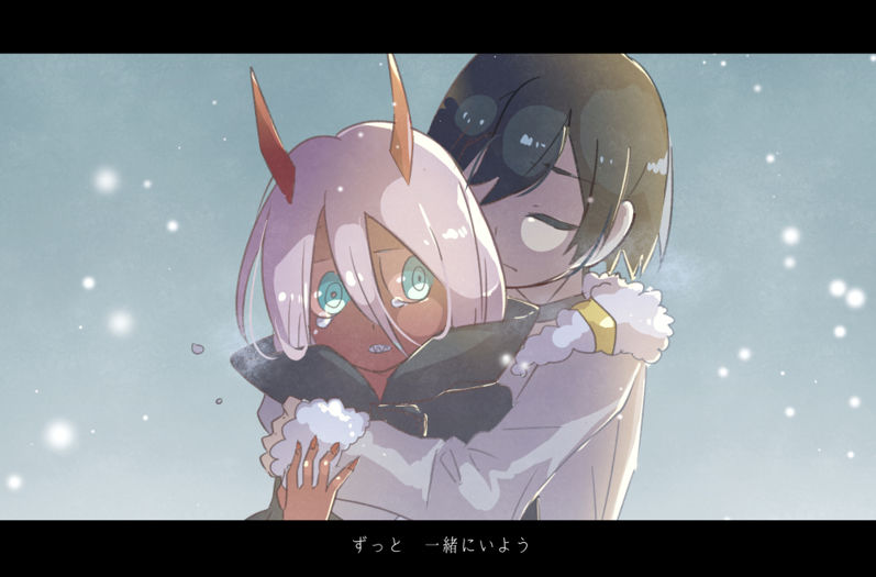 1boy 1girl black_cloak black_hair child cloak closed_eyes coat commentary_request conchitwa couple crying crying_with_eyes_open darling_in_the_franxx fur_coat fur_trim green_eyes grey_coat hand_on_another's_arm hetero hiro_(darling_in_the_franxx) hood hooded_cloak horns hug hug_from_behind letterboxed long_coat long_hair oni_horns parka pink_hair red_horns red_pupils red_sclera red_skin short_hair snow snowing tears translated winter_clothes winter_coat zero_two_(darling_in_the_franxx)