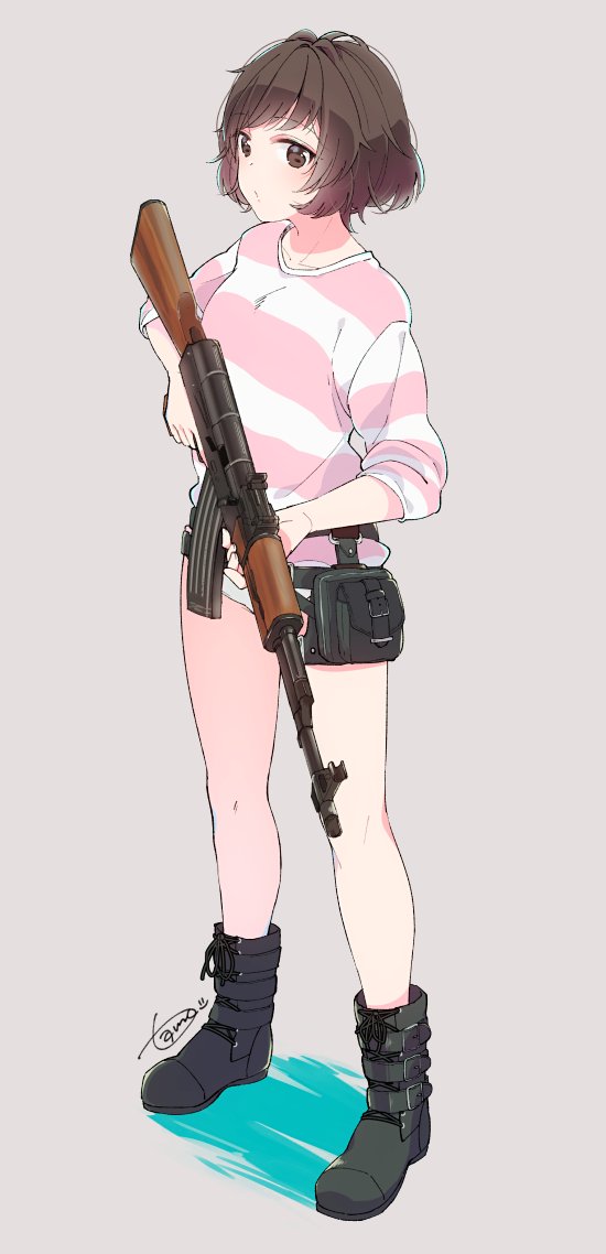 1girl ak-47 akiyama_yukari artist_name assault_rifle bangs belt black_footwear boots brown_eyes brown_hair casual combat_boots commentary_request eyebrows_visible_through_hair full_body girls_und_panzer grey_background gun holding holding_gun holding_weapon light_frown long_sleeves looking_at_viewer messy_hair parted_lips pink_shirt pouch rifle shirt short_hair short_shorts shorts signature sleeves_rolled_up solo standing striped striped_shirt tam_a_mat utility_belt weapon white_shorts