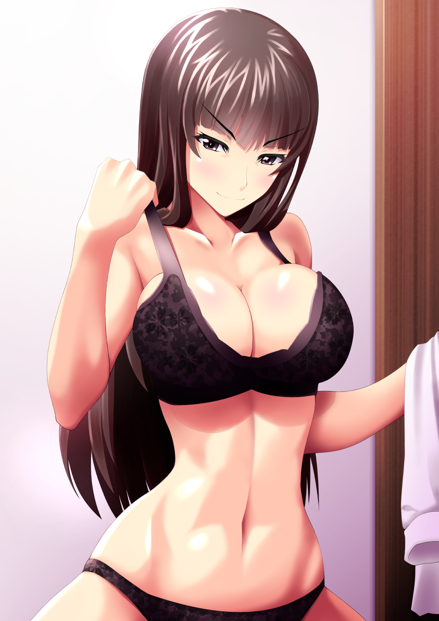 1girl adjusting_bra adjusting_clothes bangs black_bra black_eyes black_hair black_panties blunt_bangs bra breasts cleavage closed_mouth commentary_request eyebrows_visible_through_hair girls_und_panzer half-closed_eyes highres holding_clothes indoors large_breasts long_hair looking_at_viewer mature miraino_tsubasa naughty_face navel nishizumi_shiho panties shirt smile solo straight_hair underwear underwear_only v-shaped_eyebrows white_shirt