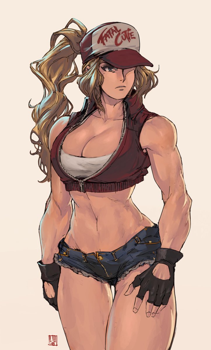 1girl bare_legs baseball_cap beige_background blonde_hair blue_eyes breasts cleavage commentary cowboy_shot cutoff_jeans cutoffs dated david_liu fatal_fury fingerless_gloves gloves hat highres image_sample jacket large_breasts looking_to_the_side low_neckline messy_hair midriff muscle muscular_female one_eye_covered open_clothes open_fly open_jacket shirt signature snk_heroines:_tag_team_frenzy terry_bogard thigh_gap toned twitter_sample vest wavy_hair white_shirt