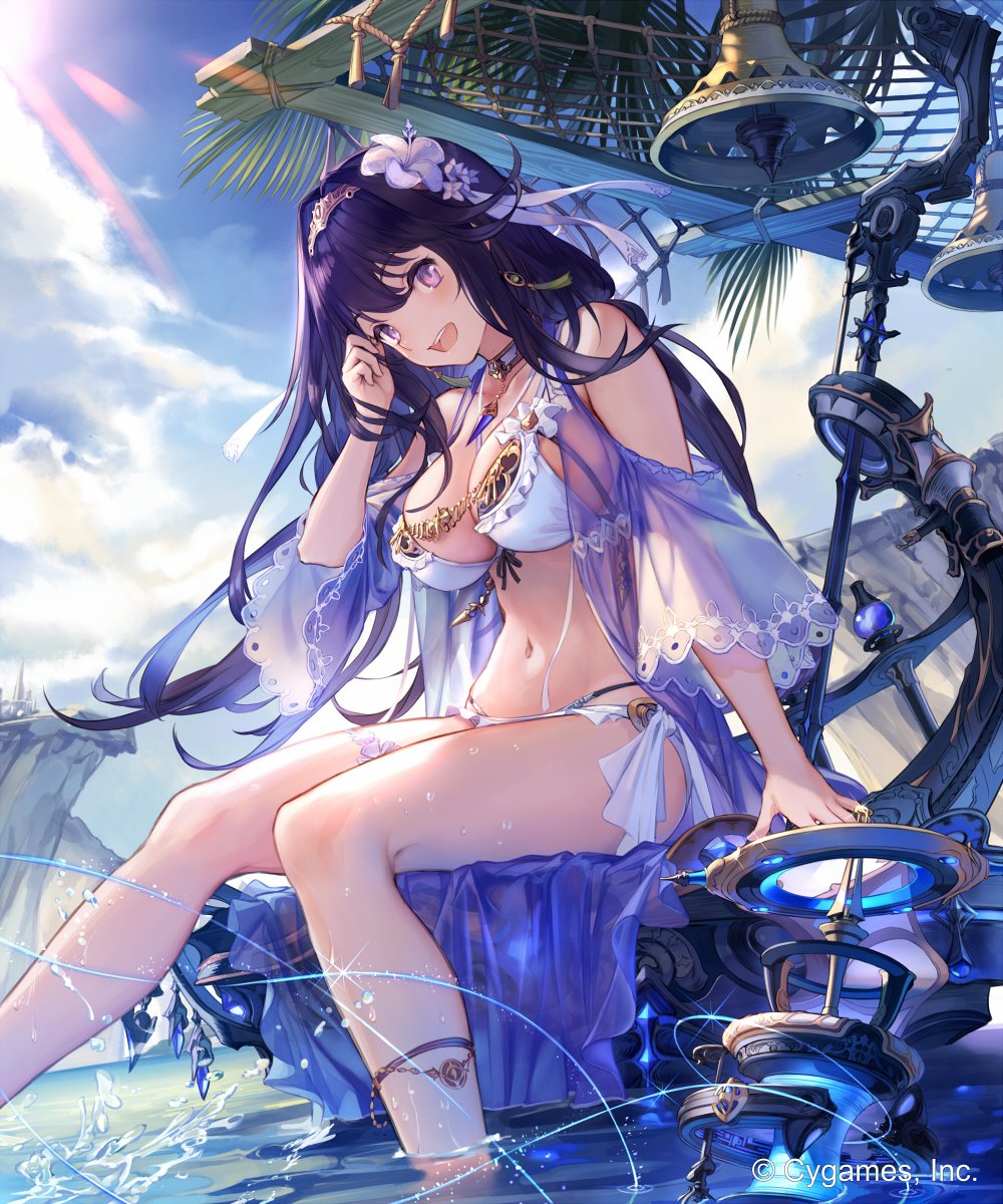 1girl :d bikini breasts choker cleavage clouds day earrings eyebrows_visible_through_hair flower front-tie_bikini front-tie_top hair_flower hair_ornament hair_tucking hairband hand_up head_tilt highres jewelry large_breasts long_hair looking_at_viewer navel necklace open_mouth outdoors purple_hair shingeki_no_bahamut sidelocks smile soaking_feet solo sunlight supertie swimsuit violet_eyes white_bikini