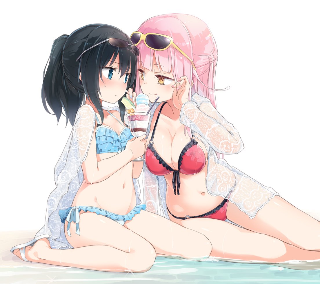 2girls :q bare_legs bikini black_hair blue_bikini blue_eyes breasts chloe_withers cleavage eye_contact eyebrows_visible_through_hair eyewear_on_head flip-flops food frilled_bikini frills glint half_updo homura_subaru ice_cream large_breasts lillian_ljungstrom long_hair looking_at_another multiple_girls nail_polish navel o-ring o-ring_bikini o-ring_bottom one_side_up original pink_hair ponytail red_bikini sandals sitting small_breasts sundae sunglasses swimsuit tongue tongue_out wariza water wet yellow_eyes yokozuwari