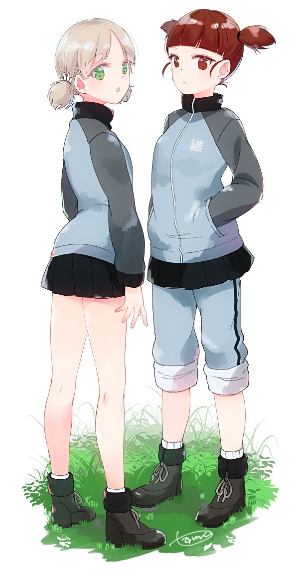 2girls aki_(girls_und_panzer) ankle_boots artist_name bangs blue_footwear blue_jacket blue_pants blue_skirt blunt_bangs boots closed_mouth commentary emblem eyebrows_visible_through_hair from_behind girls_und_panzer grass green_eyes hair_tie hands_in_pockets jacket keizoku_military_uniform light_brown_hair light_frown long_sleeves looking_at_viewer looking_back mikko_(girls_und_panzer) military military_uniform miniskirt multiple_girls open_mouth pants pants_rolled_up pants_under_skirt pleated_skirt raglan_sleeves red_eyes redhead short_hair short_twintails signature single_vertical_stripe skirt socks standing tam_a_mat track_jacket track_pants twintails uniform white_background white_legwear