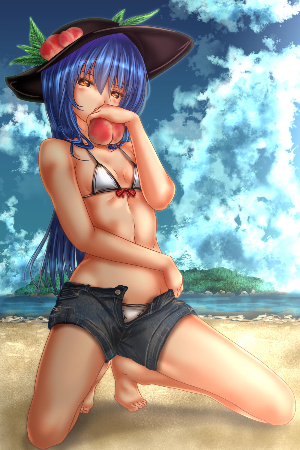 1girl barefoot beach bikini black_hat black_shorts blue_hair blue_sky breasts cleavage clouds day full_body hair_between_eyes hat highres hinanawi_tenshi island kneeling long_hair micro_bikini ocean open_clothes open_shorts orange_eyes outdoors shiny shiny_hair short_shorts shorts shounen_(hogehoge) sideboob sky small_breasts solo sun_hat swimsuit touhou white_bikini